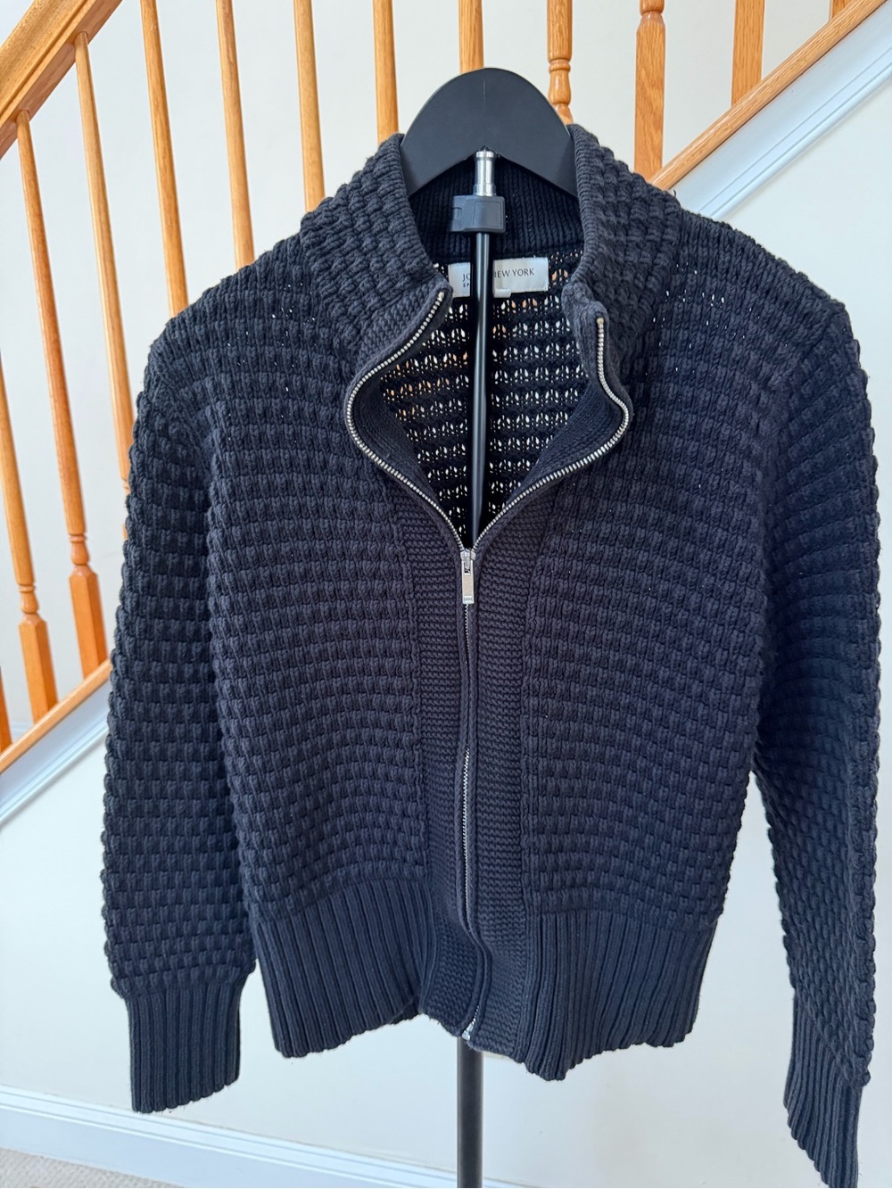 Jones New York Black Waffle Knit Zip-Front Cardigan